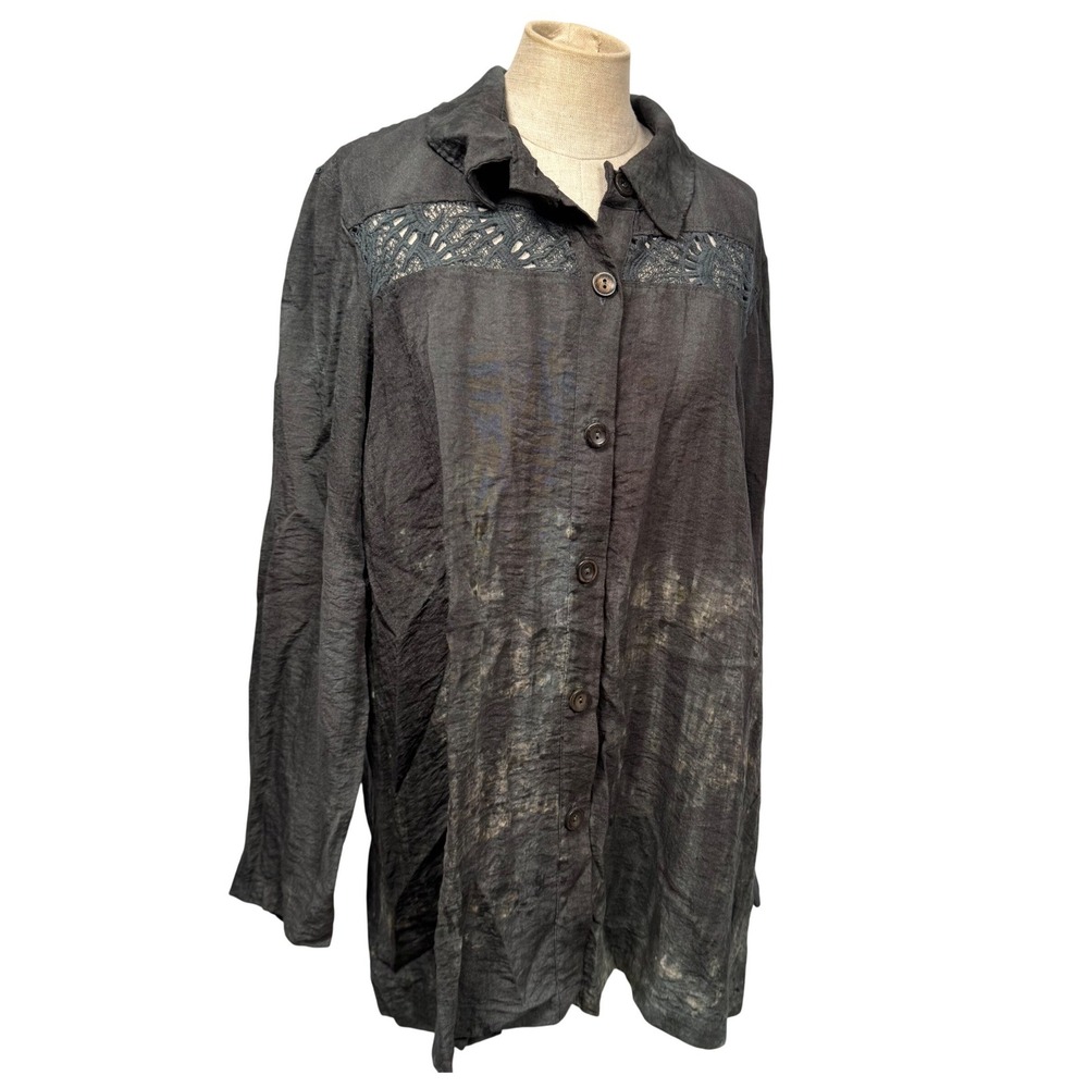 Artofcloth Women‎ L Black Dip dye Crochet Blouse Textured Button Tunic Lagenlook